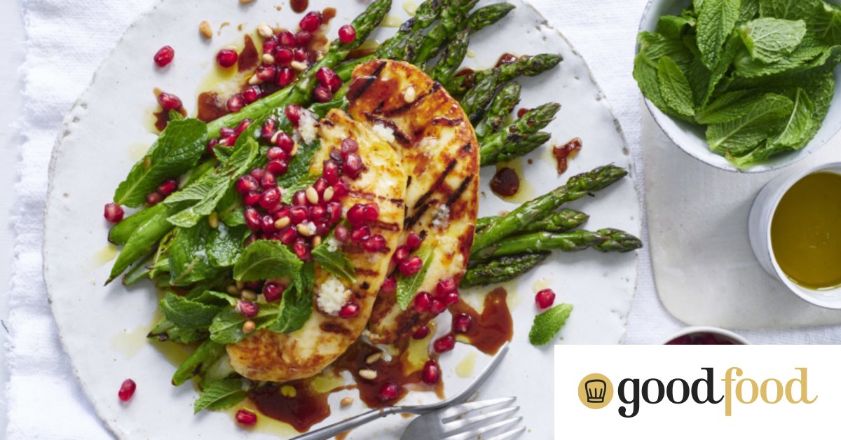 Grilled asparagus, halloumi, pine nut and pomegranate salad