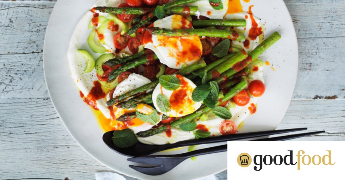 Neil Perry's panfried asparagus with poached eggs, yoghurt and sriracha