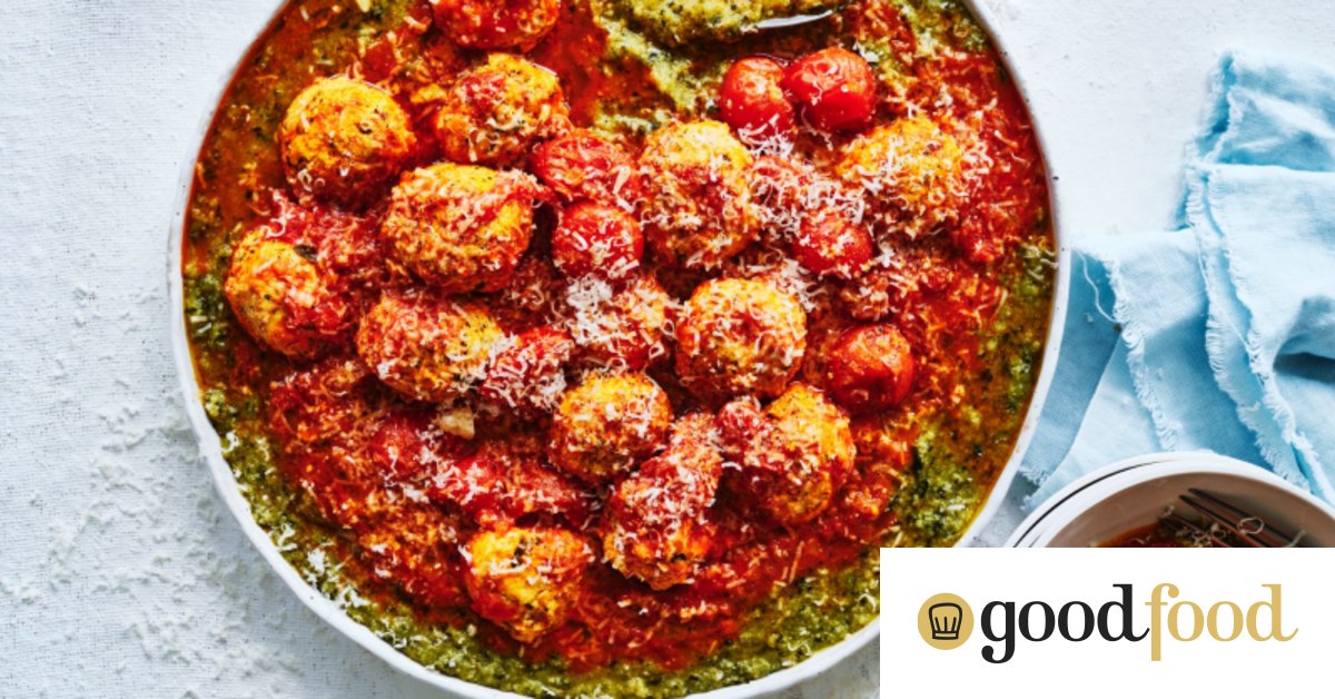 Chicken meatballs in tomato sugo over green polenta