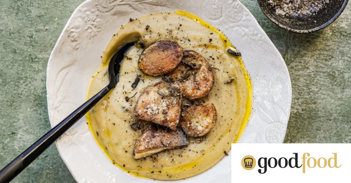 Loaded potato soup with roast potatoes and porcini salt