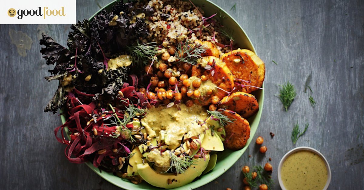 Sweet potato and kale bowl with quinoa, coriander tahini dressing and crispy chilli-lime chickpeas