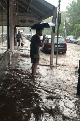 A man ankle-deep in floodwaters in Flemington.