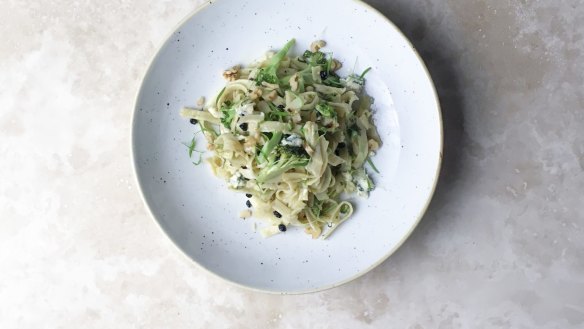 Fettuccine with blue cheese, broccoli, smoked walnuts and currants at Grange Road Egg Shop, Toorak.