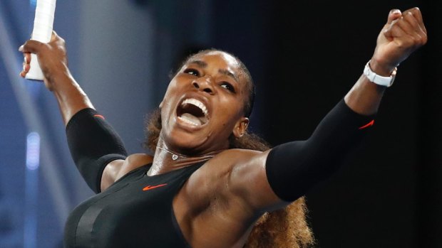 Serena Williams celebrates after defeating Lucie Safarova.