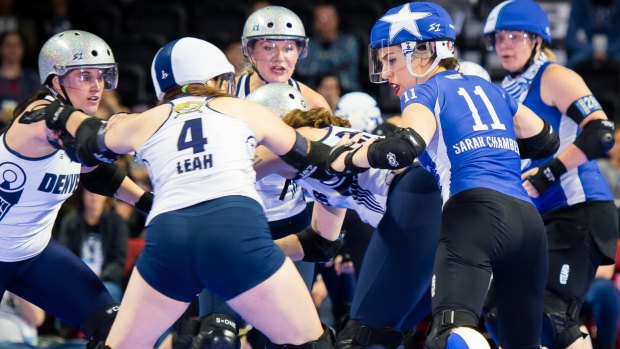 Sarah Chambers, 33, in action for the Victorian Roller Derby All Stars during the team's semi-final win against Denver at the 2017 International Women's Flat Track Derby Association Championships.