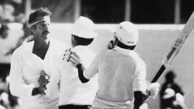 Dennis Lillee and Javed Miandad agree to disagree at the WACA Ground.