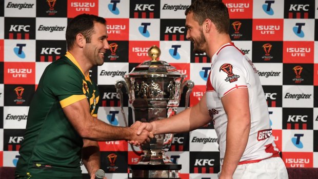 Australian captain Cameron Smith and England's Sean O'Loughlin at the launch of the Rugby League World Cup, but the sport is still battling for global recognition.
