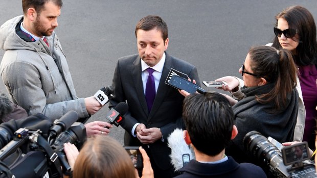Matthew Guy answers questions last week about his dinner with alleged Mafia boss Tony Madafferi.