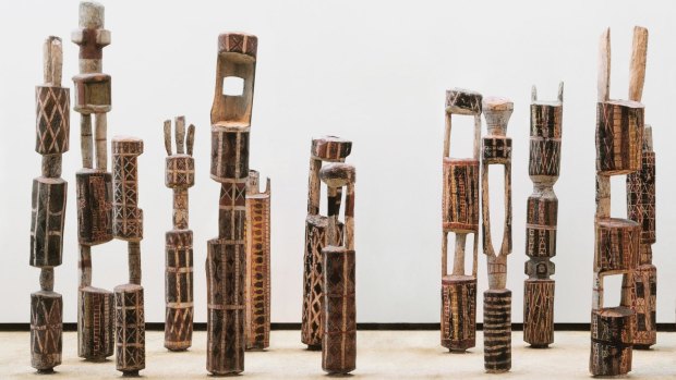 Tutini (Pukumani grave posts) by Laurie Nelson Mungatopi , Bob One Apuatimi, Jack Yarunga, Don Burakmadjua, Charlie Quiet Kwangdini and Unknown, on display at the Art Gallery of New South Wales.