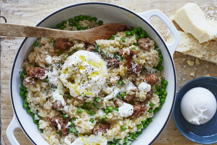 Karen Martini's risotto with pork and fennel sausage, peas and burrata.