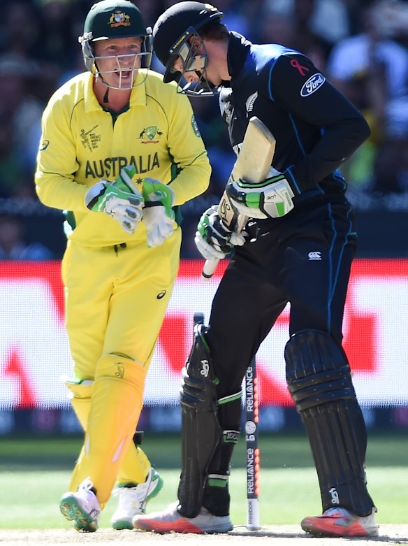 Brad Haddin celebrates the wicket of Martin Guptill.
