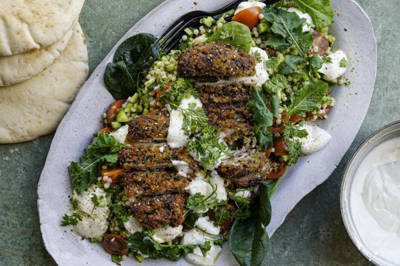 Serve this zaatar-crusted chicken salad with flatbreads for extra carbs.