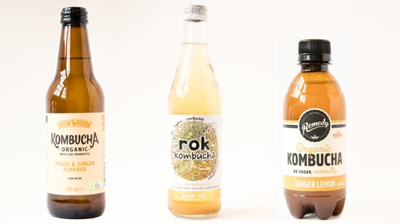From left: Brew Room Peach and Ginger Kombucha; Rok Kombucha Ginger Pop; Remedy Kombucha Ginger Lemon.