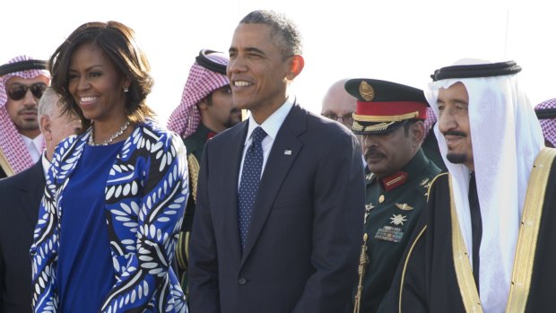 President Barack Obama and wife Michelle Obama with new Saudi King Salman bin Abdul Aziz at Riyadh airport.
