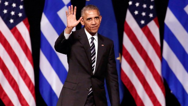 A final farewell: President Barack Obama after his speech at the Stavros Niarchos Foundation Cultural Centre in Athens on Wednesday.