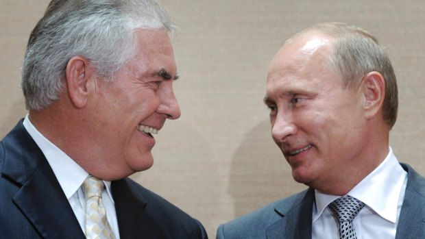 All smiles: Then Russian prime minister Vladimir Putin, right, and Rex Tillerson, then chief executive of ExxonMobil on August 30, 2011.
