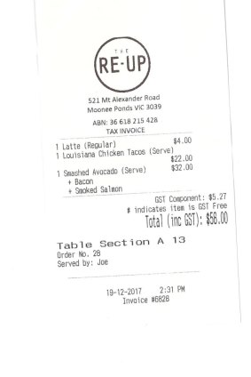 Receipt for lunch with Briggs at The Re-Up.