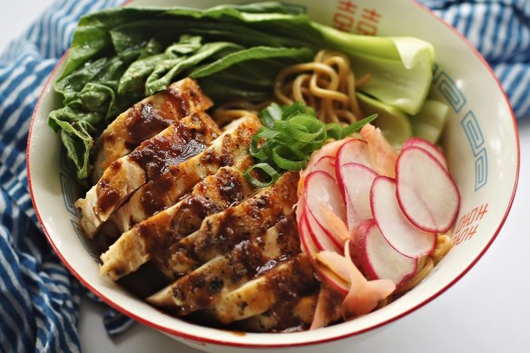 This miso chicken ramen can be served wet or dry (hold the broth).