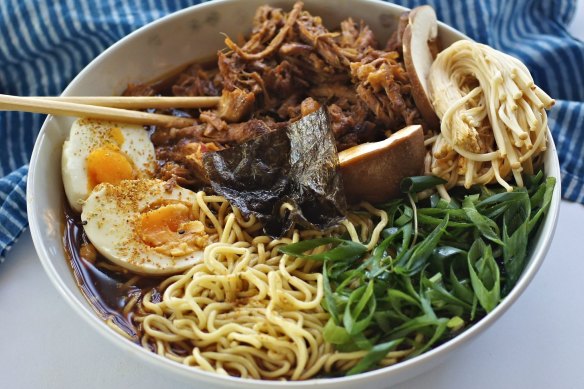 Less-cloudy ramen with roasted, pulled pork.