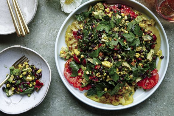 Heirloom tomatoes topped with "cowboy caviar".