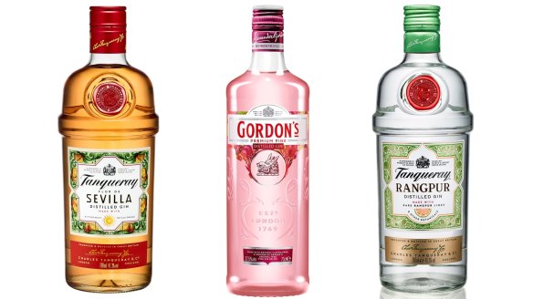 From left: Tanqueray Flor de Sevilla Gin, Gordon's Premium Pink Gin and Tanqueray Rangpur Gin.