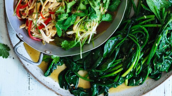 Stir-fried spinach with garlic and chilli (pictured with roast chicken stir-fry).