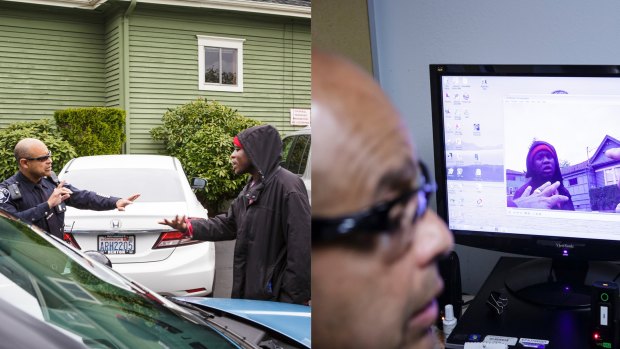 Left: Officer Daniel Enriquez, equipped with a body camera, talks to a man during his patrol in Seattle last week. Right: He views footage of the encounter on the screen.