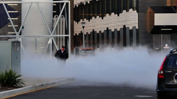 Nitrogen gas during a controlled release near the Science Teaching Building at the Australian National University. 5th July 2015. Photo by Melissa Adams of The Canberra Times.