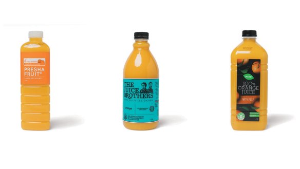 From left: Presha Fruit, The Juice Brothers and Pick'd orange juices.