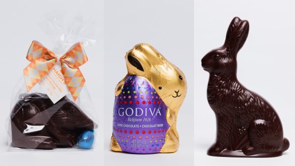 Dark chocolate bilby and bunnies (not to scale), from left: Haigh's; Godiva and Koko Black.