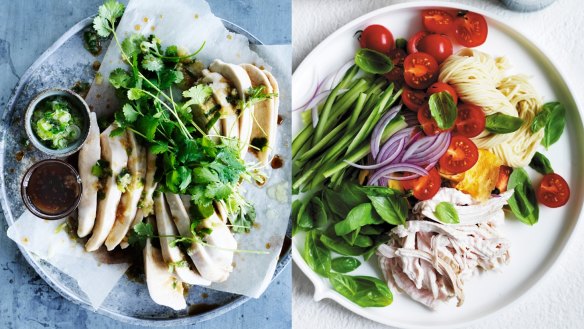 Think of meals as pairs, for instance, last night's steamed chicken (left) becomes tomorrow's chicken noodle salad.