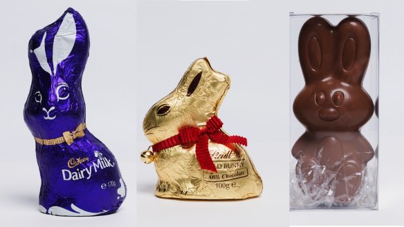 Milk chocolate bunnies (not to scale), from left: Cadbury Dairy Milk; Lindt; Pauls.