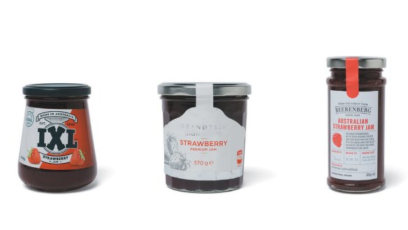 From left: IXL, Grandessa and Beerenberg strawberry jams.
