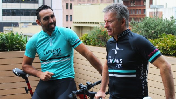 Steve Waugh with Adam Goodes, who will set off on The Captain's Ride from Mittagong to the peak of Australia, Mt Kosciuszko, later this month. 