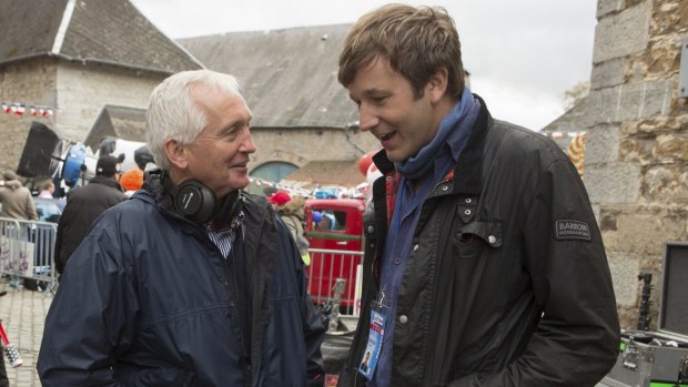 Irish journalist David Walsh, left, with actor Chris O'Dowd on the set of <i>The Program.</i>

