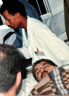 September 25, 1997: Khalid Mishal is rushed between hospitals in Amman, Jordan, after Israeli agents injected a poison into the Hamas leader's ear.