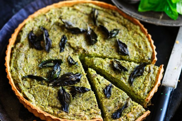 Dan Lepard's vegan pea, basil and eggplant tart.