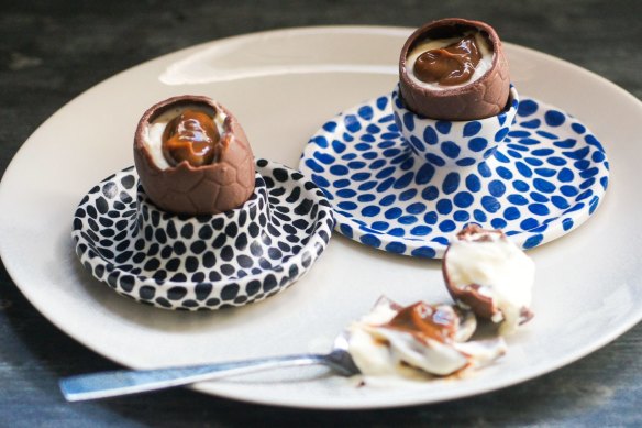 DIY creme eggs filled with dulce de leche caramel and mascarpone.