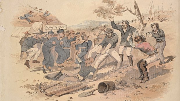 Might Versus Right, by S.T. Gill, c. 1862-63, watercolour, State Library of New South Wales.