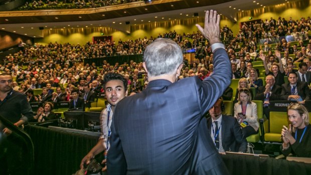 Prime Minister Malcolm Turnbull takes the stage at the Liberal Party of Australia (Victorian Division) 161st State Council on Saturday.