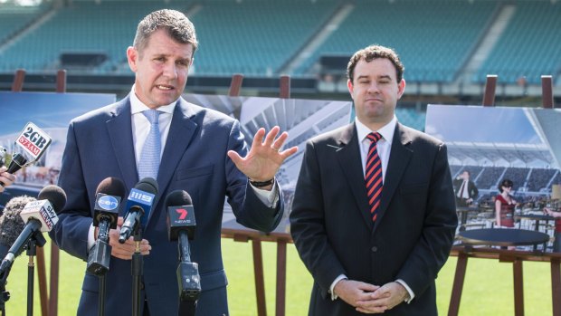 Mike Baird, former NSW premier and current NAB executive, was happy to talk about stadiums with Minister for Sport Stuart Ayres in December last year.