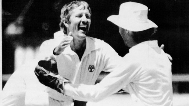 Bob Holland is congratulated by Wayne Phillips after taking his first Test wicket, against the West Indies in 1984.