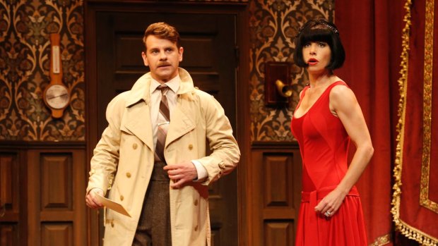 Nick Simpson-Deeks (Chris) and Brooke Satchwell (Sandra) in <i>The Play That Goes Wrong</i>. 