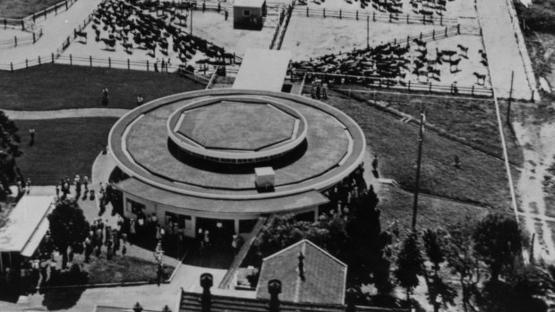 An aerial view of the Camden Park Estate Rotolactor in 1955. 