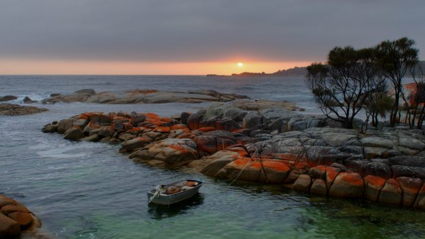 The rocky shoreline at Binalong Bay, Tasmania.