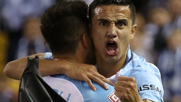 Tim Cahill celebrates after scoring his first A-League goal last week.