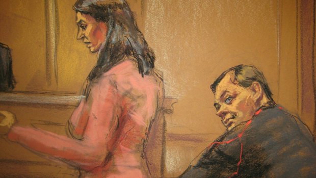 A court sketch shows defence attorney Sabrina Shroff speaking as Evgeny Buryakov looks on. 