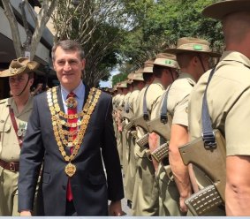 Lord Mayor Graham Quirk inspects the 6th Battalion RAR Army soldiers marking 50 years of service to Brisbane.