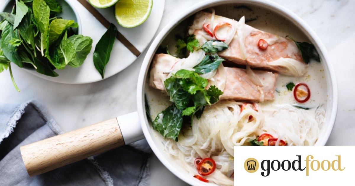 Salmon with coconut milk, glass noodles and herbs recipe