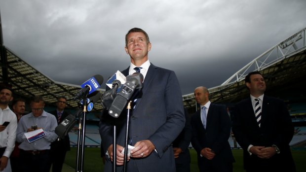Out west: Mike Baird at the announcement of the stadium policy on Thursday.